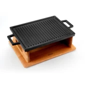 Lava Döküm Dikdörtgen Çift Yön Izgara Hot Plate Döküm Demir Yekpare Çift Kulplu Kayın Servis Ahşabı Ölçü 22x30cm.(Isıtıcı dahil değildir.) - 1