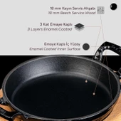 Lava Döküm Yuvarlak Sahan Döküm Demir Yekpare Çift Kulplu Kayın Servis Ahşabı. Çap(Ø)20cm.  Siyah thumbnail 6