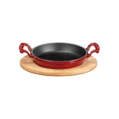 Lava Döküm Yuvarlak Sahan Döküm Demir Yekpare Çift Kulplu Kayın Servis Ahşabı. Çap(Ø)20cm.  Kırmızı thumbnail 1