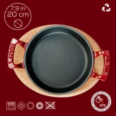 Lava Döküm Yuvarlak Sahan Döküm Demir Yekpare Çift Kulplu Kayın Servis Ahşabı. Çap(Ø)20cm.  Kırmızı thumbnail 4