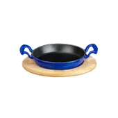 Lava Döküm Yuvarlak Sahan Döküm Demir Yekpare Çift Kulplu Kayın Servis Ahşabı. Çap(Ø)20cm.  Mavi thumbnail 1