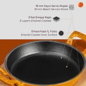 Lava Döküm Yuvarlak Sahan Döküm Demir Yekpare Çift Kulplu Kayın Servis Ahşabı. Çap(Ø)20cm.  Turuncu thumbnail 6