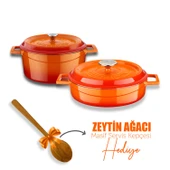 Lava Döküm Yuvarlak Derin ve Sığ 5 Parça Tencere Seti  Turuncu thumbnail 1