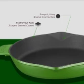 Lava Döküm Yuvarlak Kızartma Tavası Döküm Demir Yekpare Saplı. Çap(Ø)28cm  Yeşil thumbnail 6