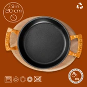 Lava Döküm Yuvarlak Sahan Döküm Demir Yekpare Çift Kulplu Kayın Servis Ahşabı. Çap(Ø)20cm.  Turuncu thumbnail 4