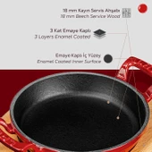 Lava Döküm Yuvarlak Sahan Döküm Demir Yekpare Çift Kulplu Kayın Servis Ahşabı. Çap(Ø)20cm.  Kırmızı thumbnail 6