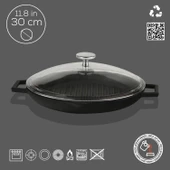 Lava Döküm Yuvarlak Izgara Tavası Cam Kapaklı Döküm Demir Yekpare Çift Kulplu Çap(Ø)30cm. thumbnail 2