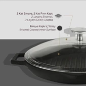 Lava Döküm Yuvarlak Izgara Tavası Cam Kapaklı Döküm Demir Yekpare Çift Kulplu Çap(Ø)30cm. thumbnail 4