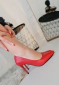 Pabucmarketi Kırmızı Suni Deri Stiletto Kadın Ayakkabı - 3