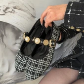 Pabucmarketi Siyah Beyaz Keten Taşlı Kadın Babet Ayakkabı - 4