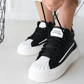 Pabucmarketi Siyah Suni Deri Bağcıklı Kadın Sneaker Kadın Ayakkabı thumbnail 3