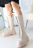 Pabucmarketi Bej Suni Deri Bağcıklı Kadın Çizme - 1