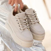 Pabucmarketi Bej Suni Deri Bağcıklı Kadın Sneaker Ayakkabı thumbnail 4