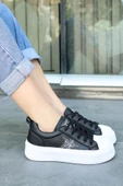 Pabucmarketi Kadın Siyah Suni Deri Beyaz Tabanlı Bağcıklı Sneaker Ayakkabı - 2