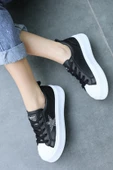 Pabucmarketi Kadın Siyah Suni Deri Beyaz Tabanlı Bağcıklı Sneaker Ayakkabı - 3