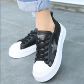 Pabucmarketi Kadın Siyah Suni Deri Beyaz Tabanlı Bağcıklı Sneaker Ayakkabı - 4