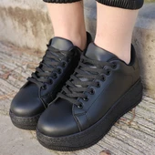 Pabucmarketi Kadın Siyah Suni Deri Bağcıklı Sneaker Ayakkabı - 4