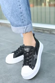 Pabucmarketi Kadın Siyah Suni Deri Beyaz Tabanlı Bağcıklı Sneaker Ayakkabı - 1