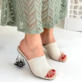 Pabucmarketi Kadın Ten Bej Triko Topuklu Terlik - 4