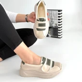 Pabucmarketi Bej Suni Deri Yeşil Detaylı Kadın Spor Ayakkabı thumbnail 4