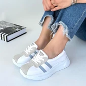 Pabucmarketi Beyaz Suni Deri Mavi Şeritli Kadın Spor Ayakkabı thumbnail 4