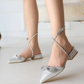 Pabucmarketi Gümüş Gri Saten Topuklu Alçak Topuklu Kadın Ayakkabı thumbnail 4