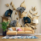 3D Vintage Soft Lacivert Çicek Duvar Kağıdı Baskı thumbnail 1