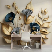 3D Vintage Soft Lacivert Çicek Duvar Kağıdı Baskı thumbnail 4