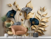 3D Vintage Soft Lacivert Çicek Duvar Kağıdı Baskı thumbnail 6