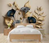 3D Vintage Soft Lacivert Çicek Duvar Kağıdı Baskı thumbnail 2