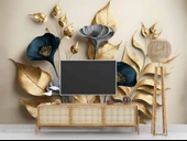 3D Vintage Soft Lacivert Çicek Duvar Kağıdı Baskı thumbnail 3