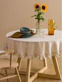 Fırfırlı Yıkanmış Buldan Keten Sade Düz %100 Pamuklu Naturel Bej Yuvarlak Masa Örtüsü - 1