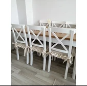 4 Adet İskandinav Stil Naturel Buldan Keten Fırfırlı Bağcıklı Sandalye Minderi - 2