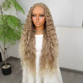 Yoğun Dalga Kumral Platin Röfleli Fiber Sentetik Geniş T Tül Peruk thumbnail 3