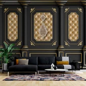 3D Siyah Sütun Altın Panel Duvar Kağıdı Baskı - 1