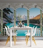 Sarmaşık Sütun, Göl ve Dağ Manzara Duvar Kağıdı Baskı - 5