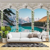 Sarmaşık Sütun, Göl ve Dağ Manzara Duvar Kağıdı Baskı - 1