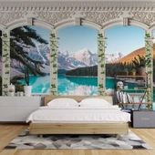 Sarmaşık Sütun, Göl ve Dağ Manzara Duvar Kağıdı Baskı - 2