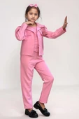 Kız Çocuk Kolsuz Penye Gömlek Cep Detaylı Blazer Ceket Kemerli Pantolon Pembe Alt Üst Takım thumbnail 2
