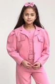 Kız Çocuk Kolsuz Penye Gömlek Cep Detaylı Blazer Ceket Kemerli Pantolon Pembe Alt Üst Takım thumbnail 3