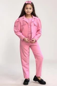 Kız Çocuk Kolsuz Penye Gömlek Cep Detaylı Blazer Ceket Kemerli Pantolon Pembe Alt Üst Takım thumbnail 1