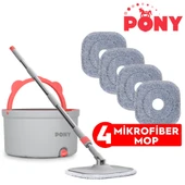 PONY GRİ 4 ADET MİKROFİBER MOP TEMİZ & KİRLİ SUYU AYIRMA ÖZELLİĞİ OTOMATİK TEMİZLİK SETİ PASPAS - 1