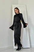 Siyah Eteği Saçaklı Elbise - 1