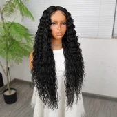 Ekstra Uzun Yoğun Afro Dalga Siyah Fiber Sentetik Geniş T Tül Peruk thumbnail 2