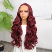 Gür Yoğun Su Dalgalı Koyu Kızıl Fiber Sentetik Uzun Tül Peruk thumbnail 3