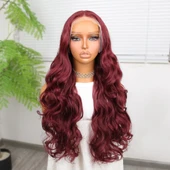 Gür Yoğun Su Dalgalı Koyu Kızıl Fiber Sentetik Uzun Tül Peruk thumbnail 1