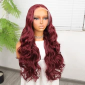 Gür Yoğun Su Dalgalı Koyu Kızıl Fiber Sentetik Uzun Tül Peruk thumbnail 2
