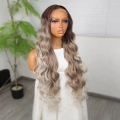 Rus Kumralı Beyaz Platin Ombreli Işıltılı Ekstra Uzun Fiber Sentetik Dalgalı Tül Peruk thumbnail 2