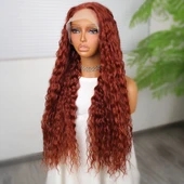 Afro Dalga Koyu Bakır Fiber Sentetik T Tül Peruk thumbnail 3