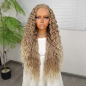 Yoğun Dalga Kumral Platin Röfleli Fiber Sentetik Geniş T Tül Peruk thumbnail 1